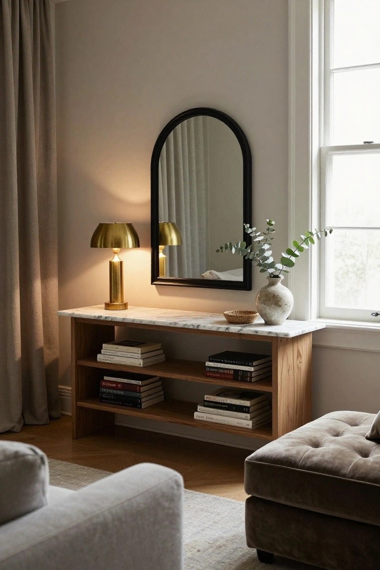 Living room corner with wooden console table and white marble top holding books, brass lamp, woven basket, and terracotta vase of eucalyptus; arched black mirror mounted above on beige wall next to window with cream curtains; tufted brown ottoman and light gray sofa in foreground on wood floor.
