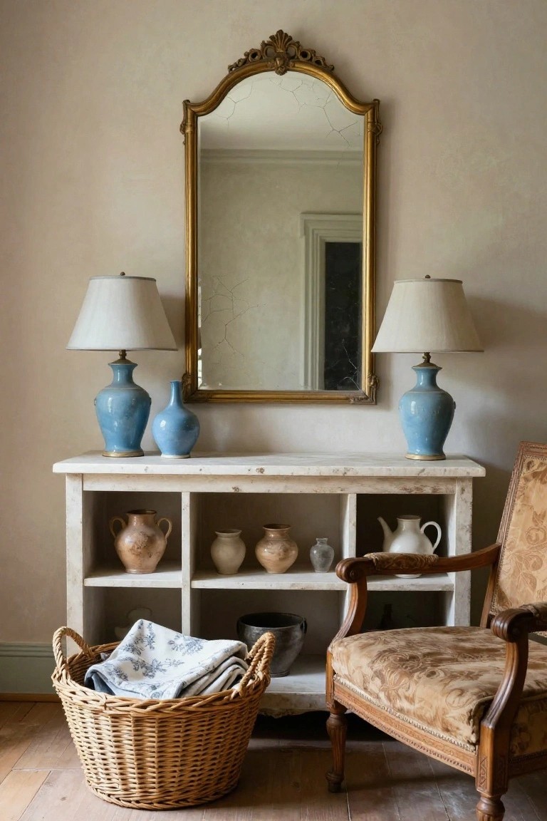 White wood console table with open shelves holding terracotta pots and a metal bowl, topped with two blue ceramic lamps, a small blue vase, and flanked by a large ornate gold-framed mirror, next to blue ginger jar lamps, a wicker basket with linens, and a carved wood armchair in a beige room with wood floors.