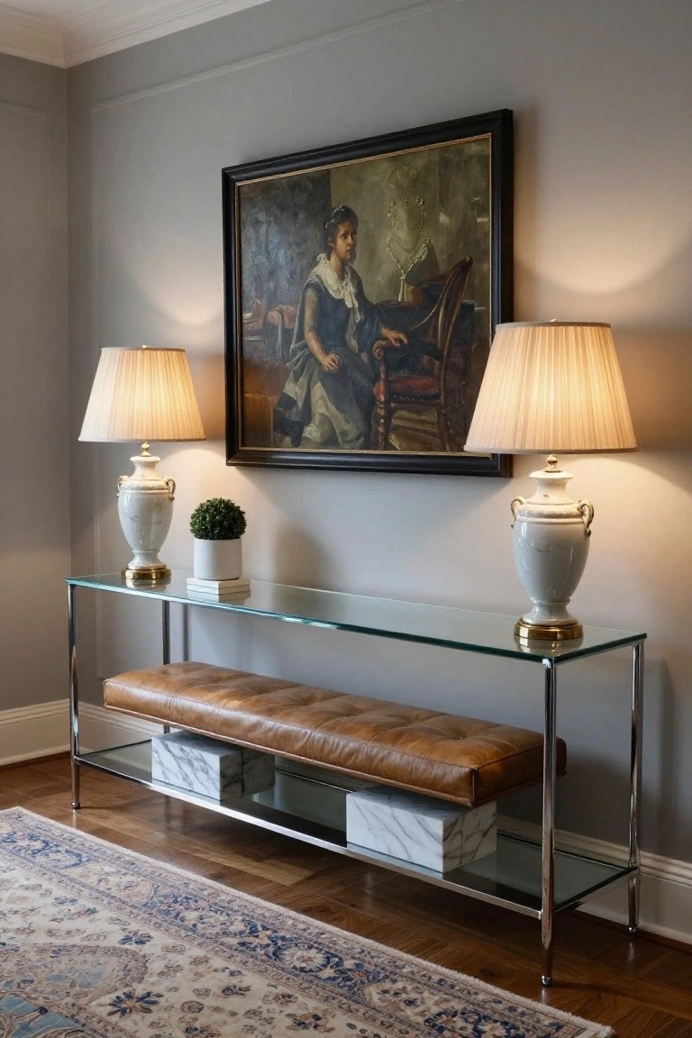 Gray interior hallway with a glass-top metal console table holding a tan leather bench, two white ceramic lamps, a potted boxwood plant, stacked books, and marble boxes on lower shelf, large framed portrait painting on wall above flanked by lamps.