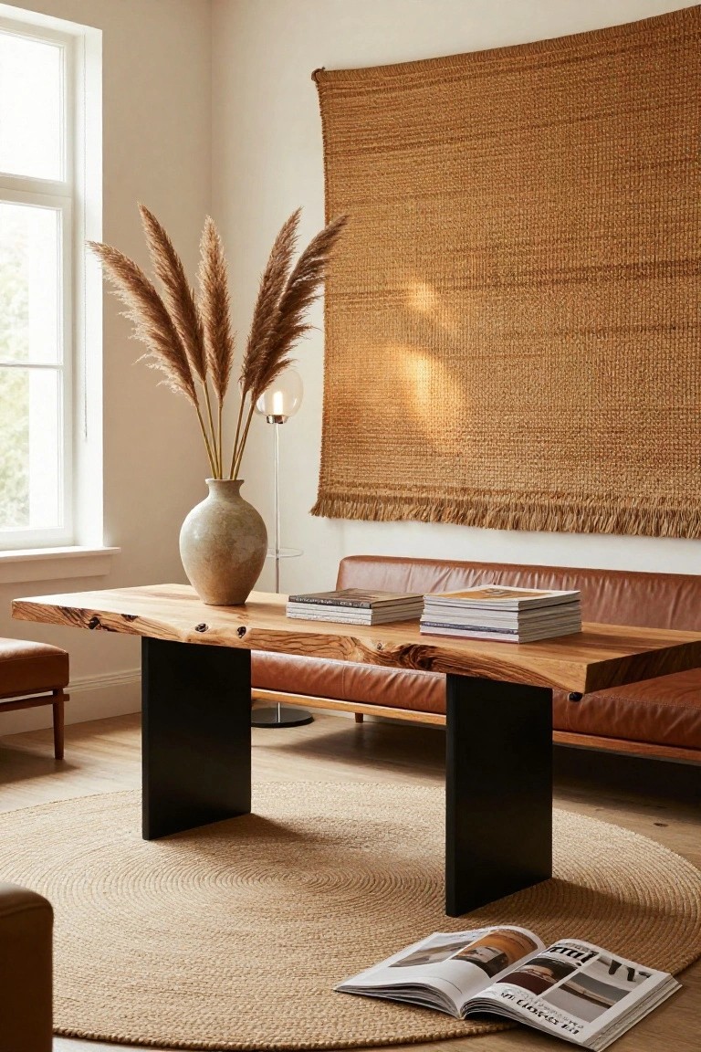 Living room with live-edge wooden coffee table on black metal legs centered in front of tan leather sofa, tall pampas grass in ceramic vase, woven tan wall hanging, books on table, and round jute rug on wood floor.