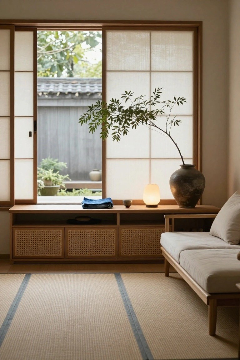 Minimalist indoor room with open shoji screen window showing garden view, tall potted plant in textured vase on low wooden console table with rattan-fronted cabinets below, holding folded blue cloth, tea bowl, plate, and soft lamp, beside beige sofa on tatami-style rug.