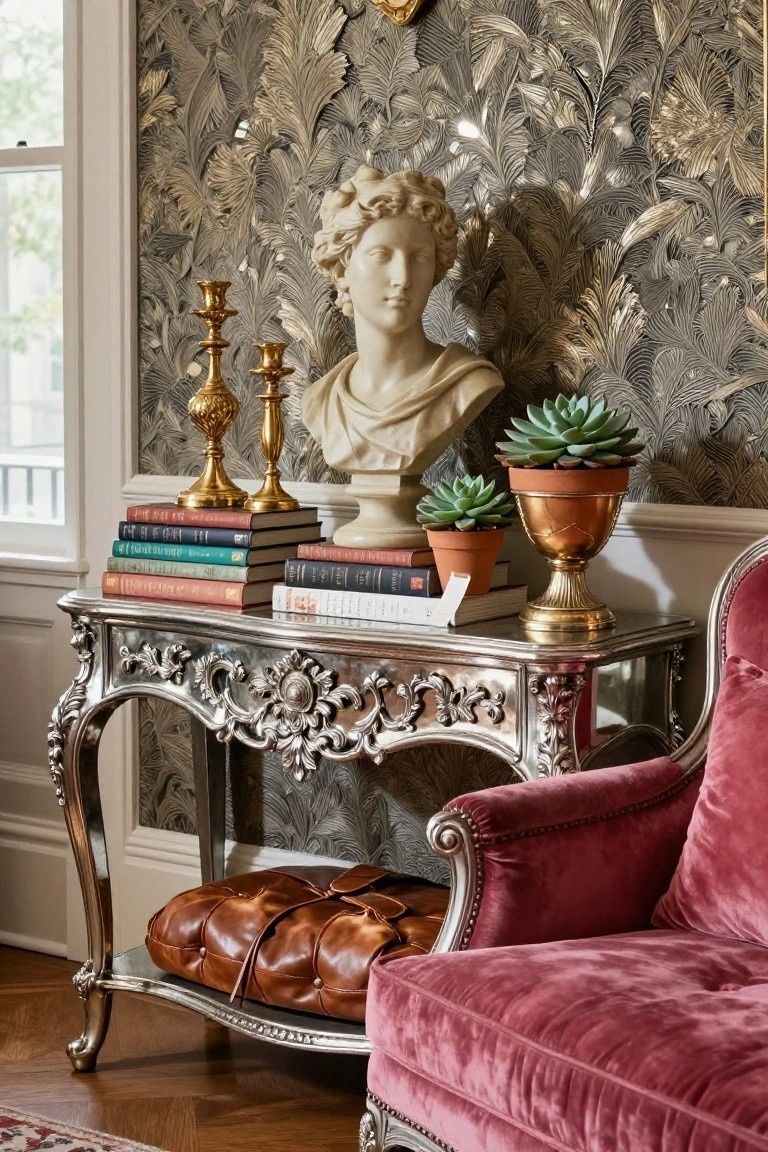 Ornate silver console table with stacked multicolored books, two gold candelabras, white marble bust, two potted succulents, and gold vase, positioned beside red velvet armchair against metallic fern wallpaper in living room.