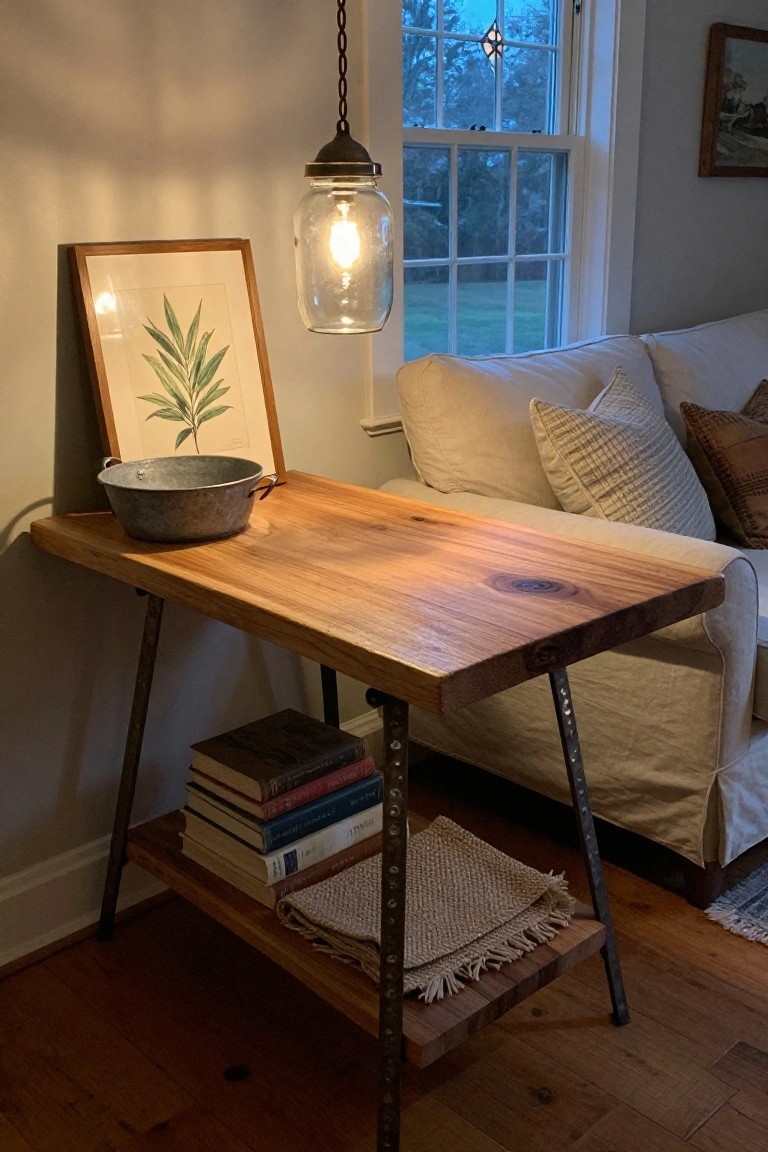 A live-edge wooden console table with black metal pipe legs next to a beige sofa in a living room, topped with a galvanized metal bowl and shelving old books below, under a hanging mason jar light.