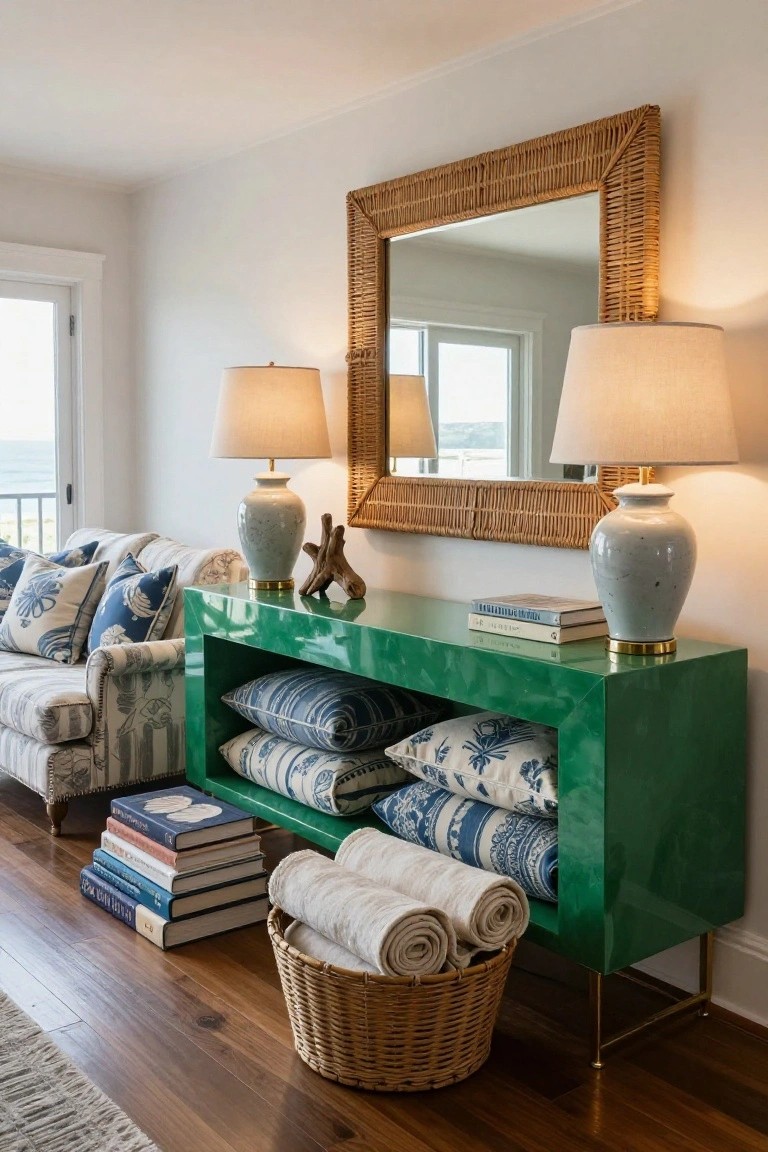 A tall green lacquered console table filled with stacked blue-and-white pillows, books, and rolled white towels in a wicker basket, positioned between two ceramic lamps and a large rattan mirror in a living room with cream sofa and ocean view through windows.
