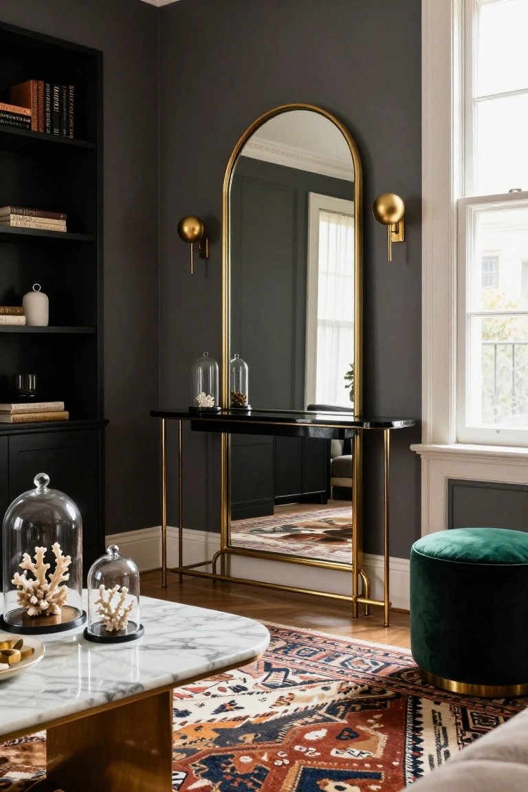 A living room corner with dark gray walls, black bookshelves, a tall gold arched mirror with matching sconces, a black-topped console table on gold legs holding glass domes with coral, a green velvet ottoman, marble coffee table, and patterned rug.