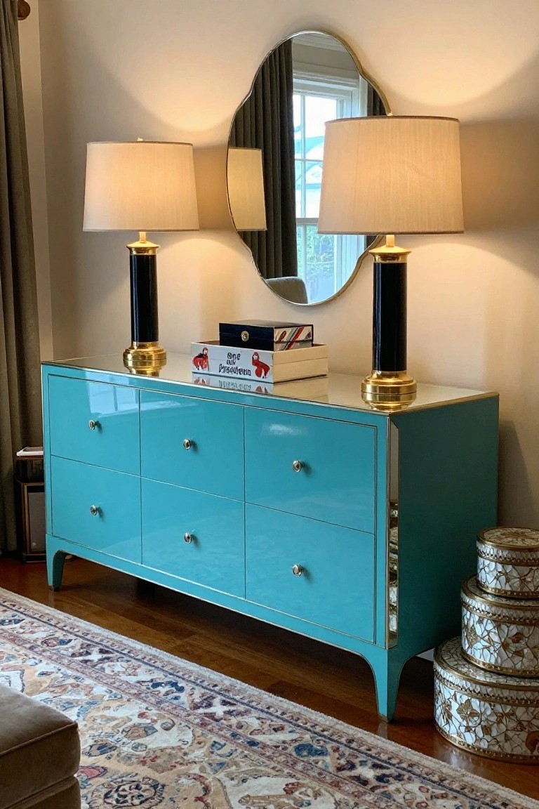 Turquoise lacquered six-drawer console table with brass trim, flanked by two lamps with black bases gold accents and white shades, curved mirror behind, decorative boxes on top, stacked porcelain canisters beside, in room with wood floor and patterned rug.