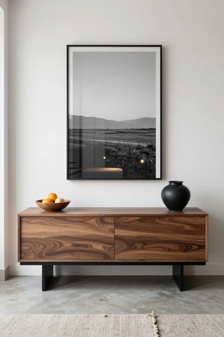 Walnut console table with black metal legs on a concrete floor, topped with a wooden bowl of oranges and a black ceramic vase, large black-framed landscape photo hanging above against white walls, beige rug in front.
