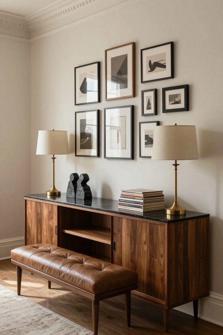 Walnut credenza with black marble top holding brass lamps, black sculptures, and stacked books, with a tan leather bench in front and a wall of assorted black-framed abstract art above, in a light beige room with wood floors.