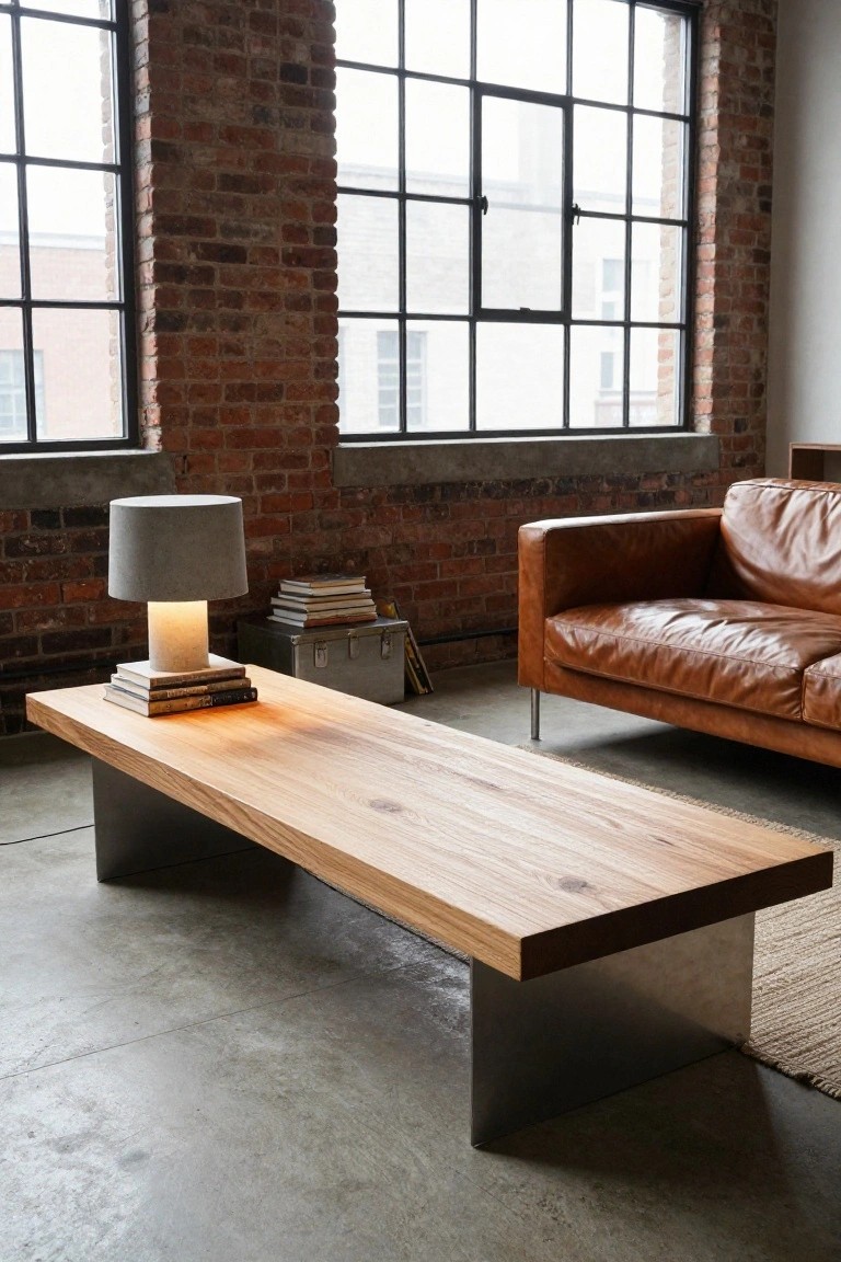 Long rectangular coffee table with light wood top and angled steel legs in an industrial living room with exposed brick walls, large metal-framed windows, tan leather sofa, concrete lamp with books, and seagrass rug on polished concrete floor.