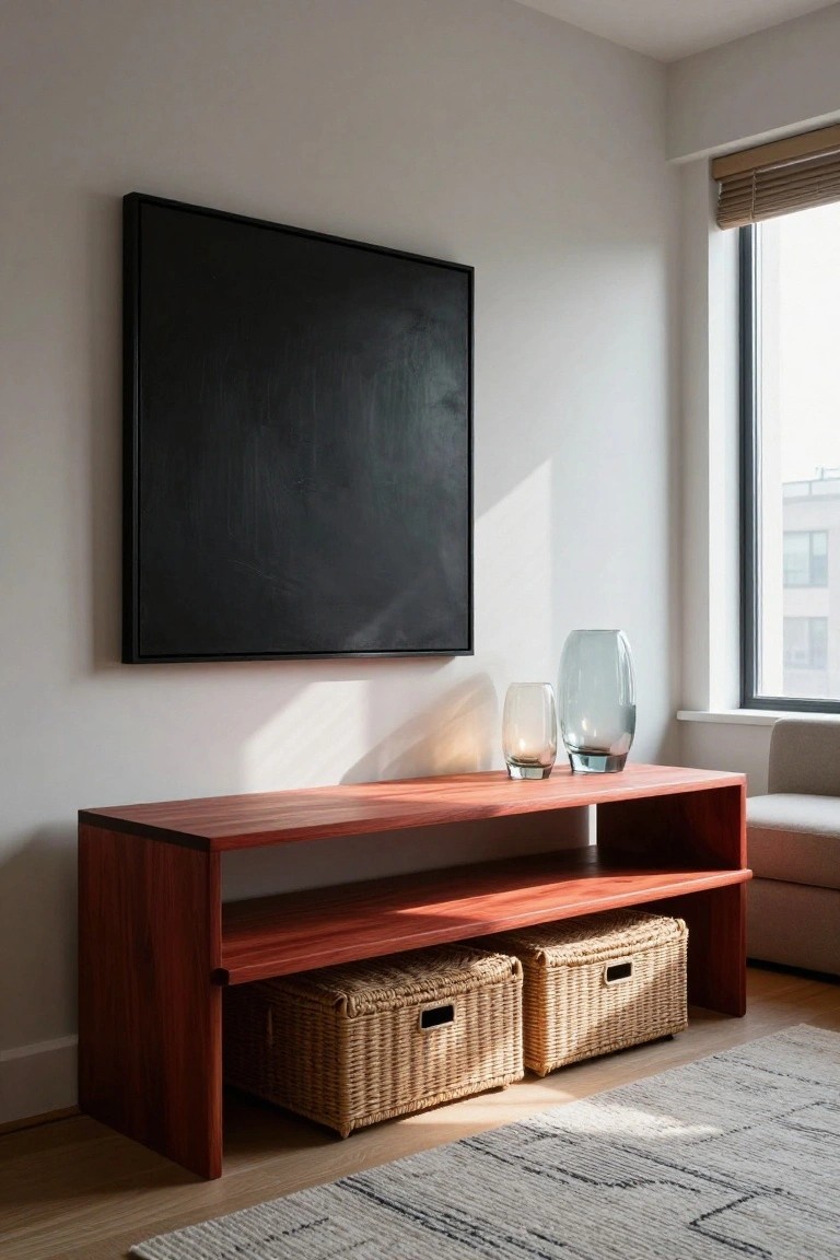 Red-toned wooden console table with open lower shelf holding two woven baskets, topped with a small clear glass vase and a larger smoky glass vase, positioned beside a beige sofa next to a window in a light gray living room with a large black abstract painting on the wall.