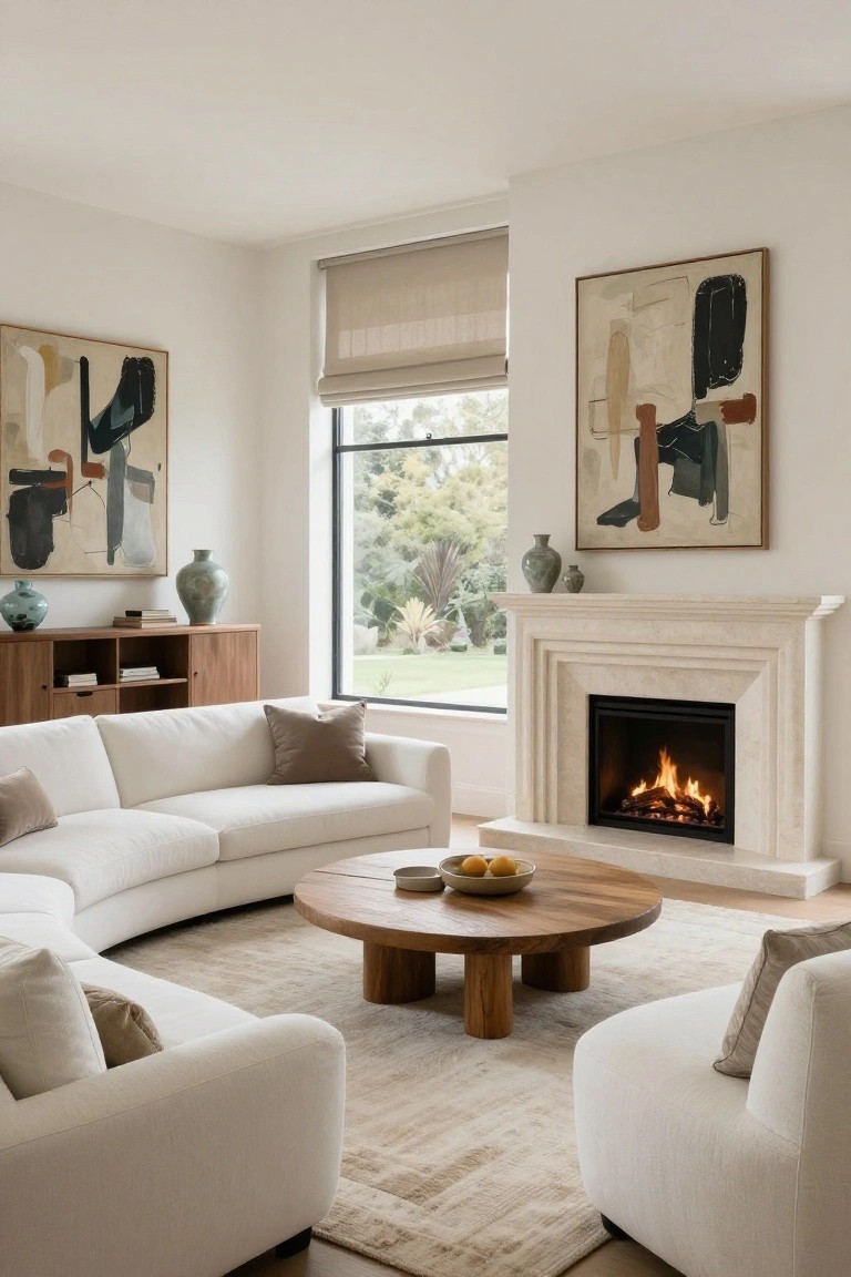 Modern living room with curved white sectional sofa and two white armchairs arranged around a round wooden coffee table, facing a beige stone fireplace with gas logs burning, wooden credenza with vases, abstract artworks on walls, and large window showing garden view.