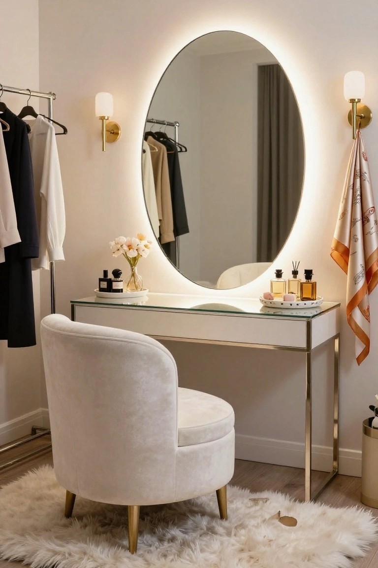 White curved velvet armchair with gold legs positioned at a glass-topped white vanity table under an oval backlit mirror, with clothing rack, flowers, perfumes, and fluffy white rug in a light room.