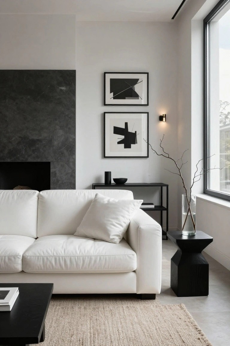 Modern living room with white L-shaped sofa facing dark textured stone fireplace wall, black framed abstract art above, black console table with vase nearby, black side table, low black coffee table on beige rug, and large window.