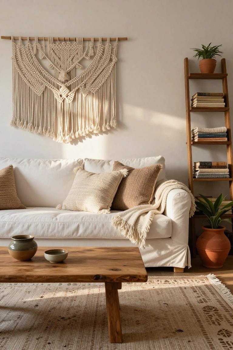 A white slipcovered sofa with beige textured pillows and throw in a light living room, macrame wall hanging above, wooden ladder shelf holding books and plants, wooden coffee table with ceramic bowls and vase, potted plants, and beige rug.