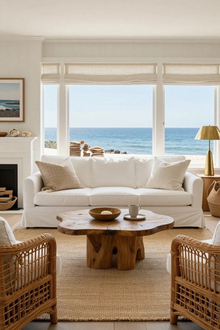 White slipcovered sofa in a bright living room with large windows overlooking the ocean, natural wood coffee table, rattan armchairs, and beige rug.