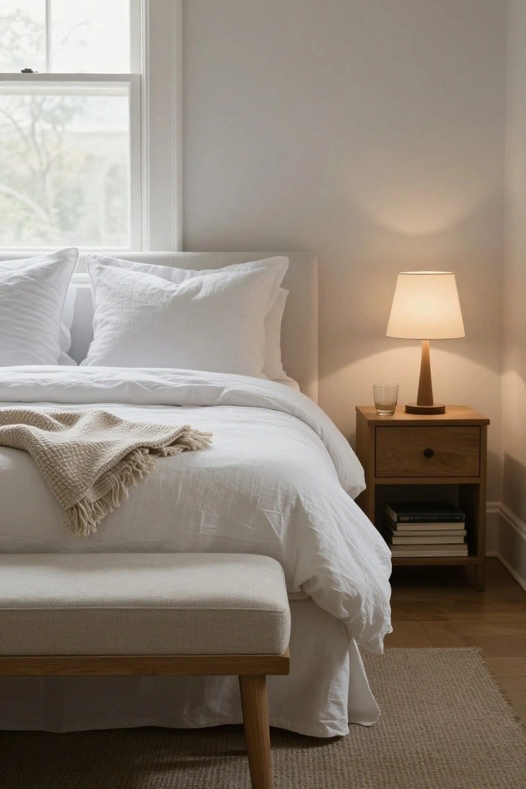 Bedroom with white linen bed dressed with pillows and beige throw blanket, wooden nightstand holding lamp glass and books, white upholstered bench at bed foot, hardwood floor with rug, and window letting in natural light.