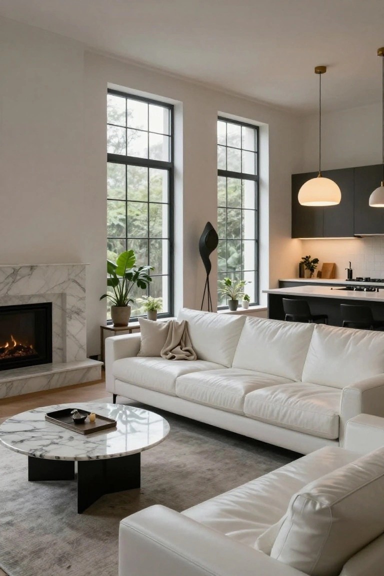 Modern living room with large white leather L-shaped sofa facing a marble fireplace, round marble coffee table, black sculptural floor lamp, potted plants, large grid windows with greenery outside, and open kitchen with black stools in background.