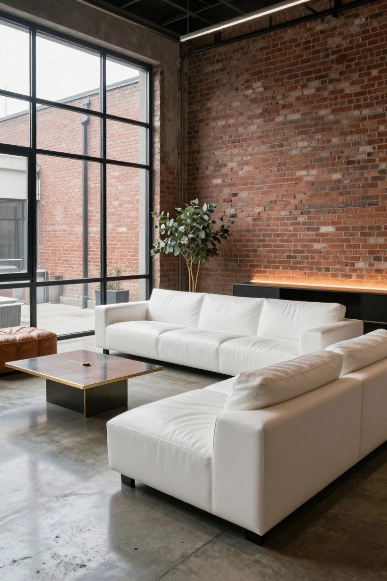 Modern loft living room featuring a white L-shaped leather sectional sofa, brass-edged coffee table, leather ottoman, exposed brick wall, potted fiddle leaf fig plant, and large industrial windows overlooking an exterior courtyard on a polished concrete floor.