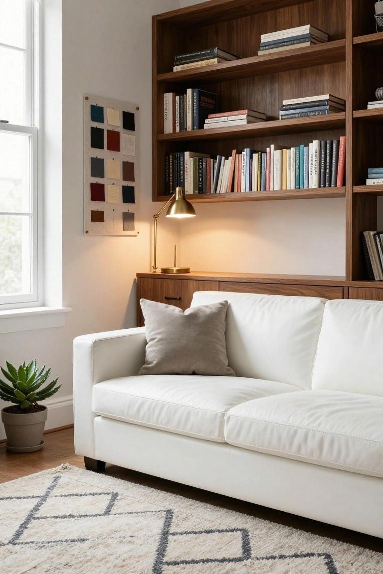 White L-shaped sofa positioned in front of wooden built-in bookshelves and cabinetry in a bright corner room, with a gold desk lamp, potted succulent plant, fabric sample board on wall, and light rug with black geometric lines on wood floor.