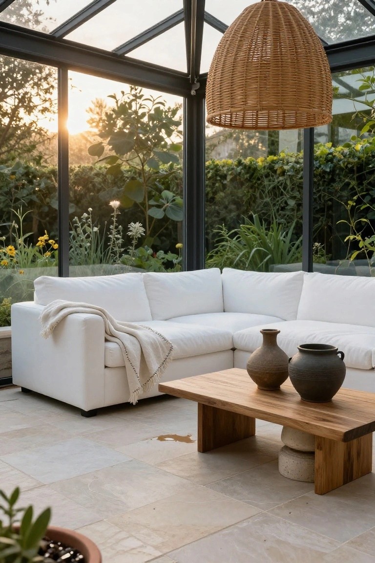 White L-shaped sofa with cream throw on a glass-walled conservatory floor next to wooden coffee table with terracotta vases, potted plants, and garden views through large windows.