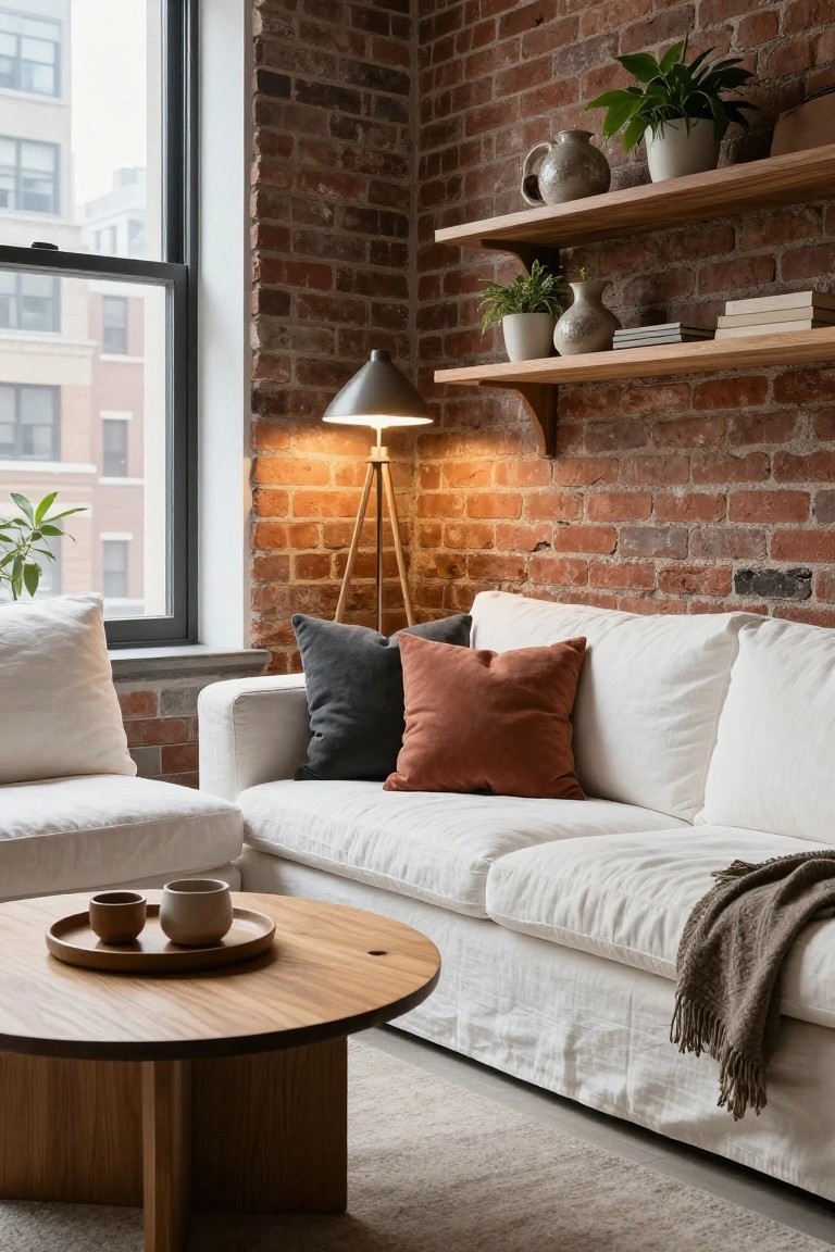 Living room with white sofa and matching armchair against exposed brick wall, wooden coffee table with ceramic cups, tripod floor lamp, shelves with pots and books, large window, and potted plants.
