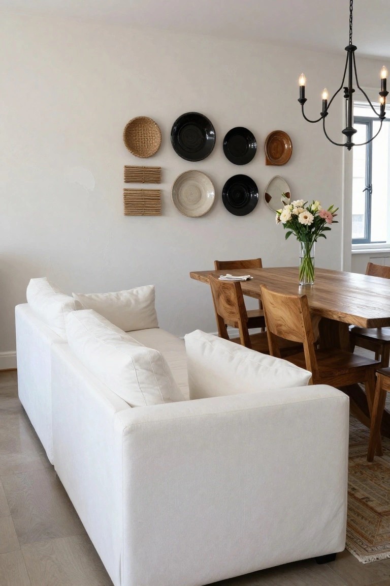 White Sofa Next to a Wood Dining Table