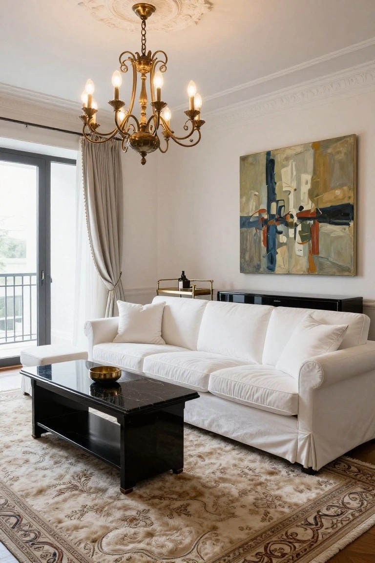 White slipcovered sofa on a cream rug in a living room with black marble coffee table, gold bowl, gold chandelier, black lacquer cabinet, abstract painting, and balcony doors with beige curtains.
