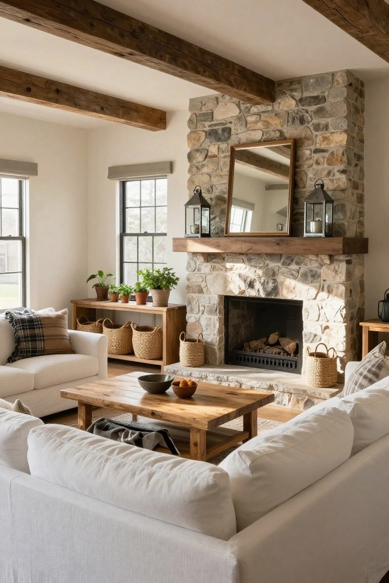 Living room with white L-shaped sofas around a low wooden coffee table in front of a tall stone fireplace under wooden beam ceiling, flanked by plants in baskets and lanterns on the mantel.