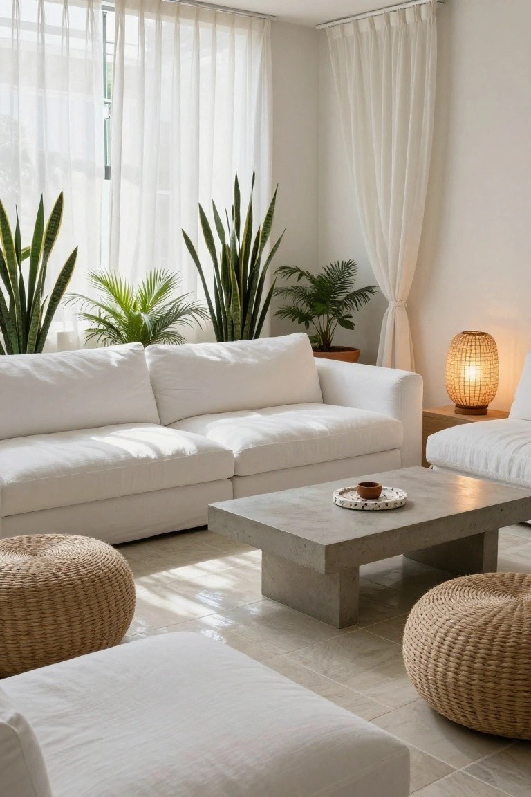 Bright living room with two white modular sofas, rattan poufs, gray concrete coffee table holding a small dish, potted green plants, sheer white curtains on large windows, and a woven lamp on a wooden side table.