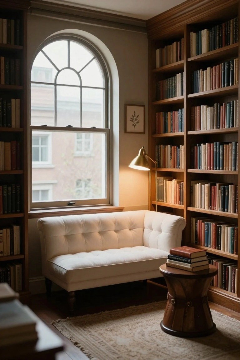 White tufted loveseat in corner of wood-paneled library room with floor-to-ceiling bookshelves, brass floor lamp, stack of books on wood drum stool, and arched window.