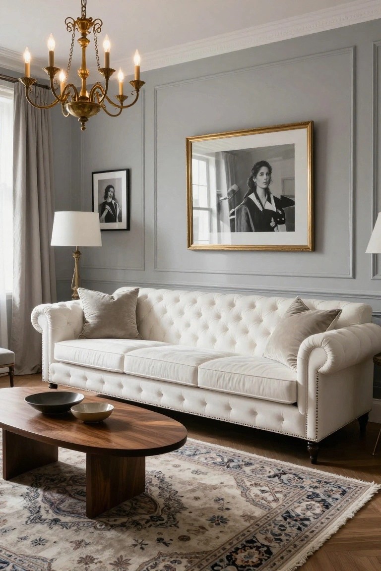 A white button-tufted Chesterfield sofa in a light gray paneled living room with brass chandelier, two table lamps, gold-framed portrait of a woman, smaller black-and-white photos, oval wooden coffee table with ceramic bowls, patterned rug, and herringbone wood floor.