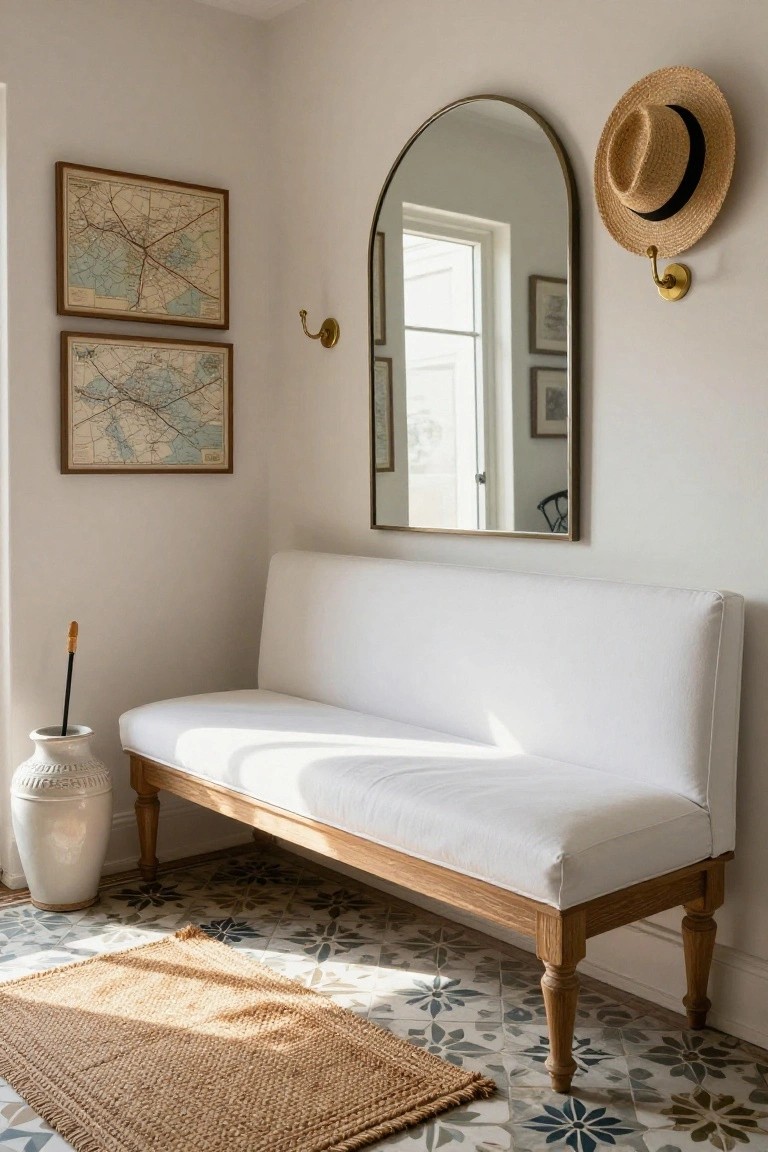 Entryway corner featuring a white upholstered bench on oak legs, large arched gold mirror, straw hat on brass hook, two framed vintage maps, white ceramic vase with stick beside it, seagrass rug on blue and white floral tiled floor.