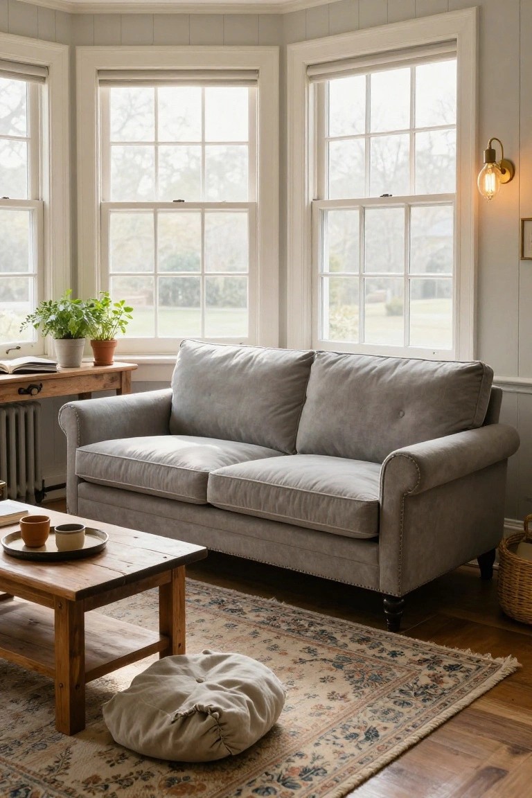 Light gray tufted sofa with rolled arms in a bay window living room, wooden side table with plants, coffee table, floor pillow, and patterned rug on hardwood floor.