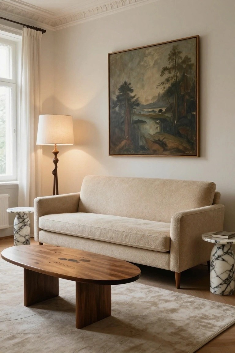Cream fabric sofa with wooden legs in a light beige living room featuring an oval wooden coffee table, marble side tables, a wooden floor lamp, and a large landscape painting on the wall.