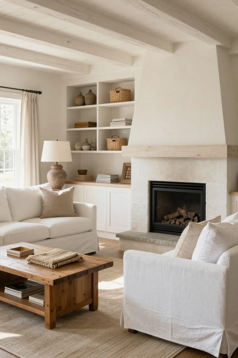 A sunlit living room featuring two white slipcovered sofas facing a white stone fireplace with a wood mantel, a natural wood coffee table on a beige rug, built-in shelves, and large windows with sheer curtains.