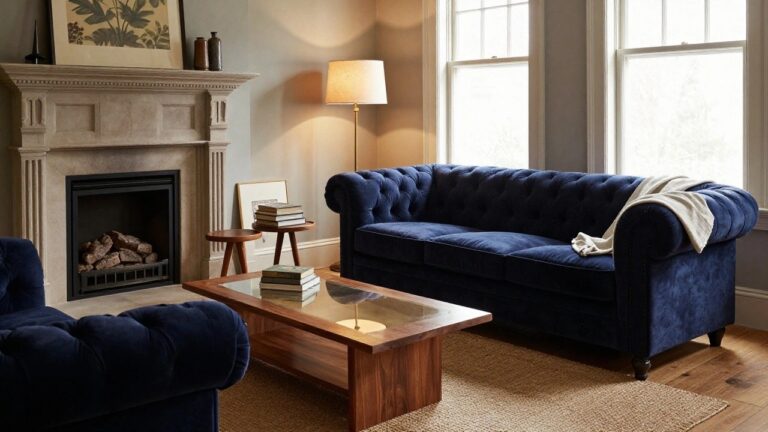 21 Timeless Luxury Living Room Sofa Ideas That Never Go Out Of Style A navy blue tufted velvet Chesterfield sofa in a living room with a brick fireplace, wooden coffee table stacked with books, large windows, and a gold arc lamp.
