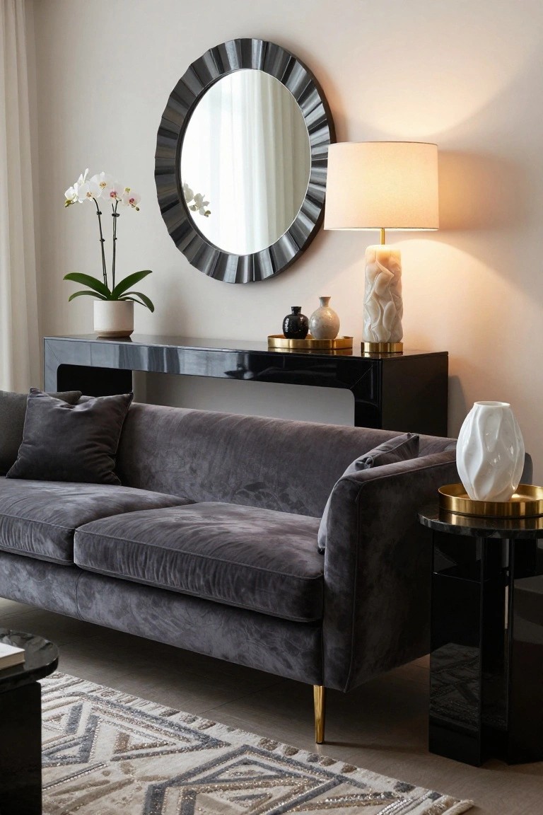 Modern living room with curved deep gray velvet sofa on brass legs, black console table holding lamps and vases, round black-framed mirror, white orchid in ceramic pot, and geometric beige rug.