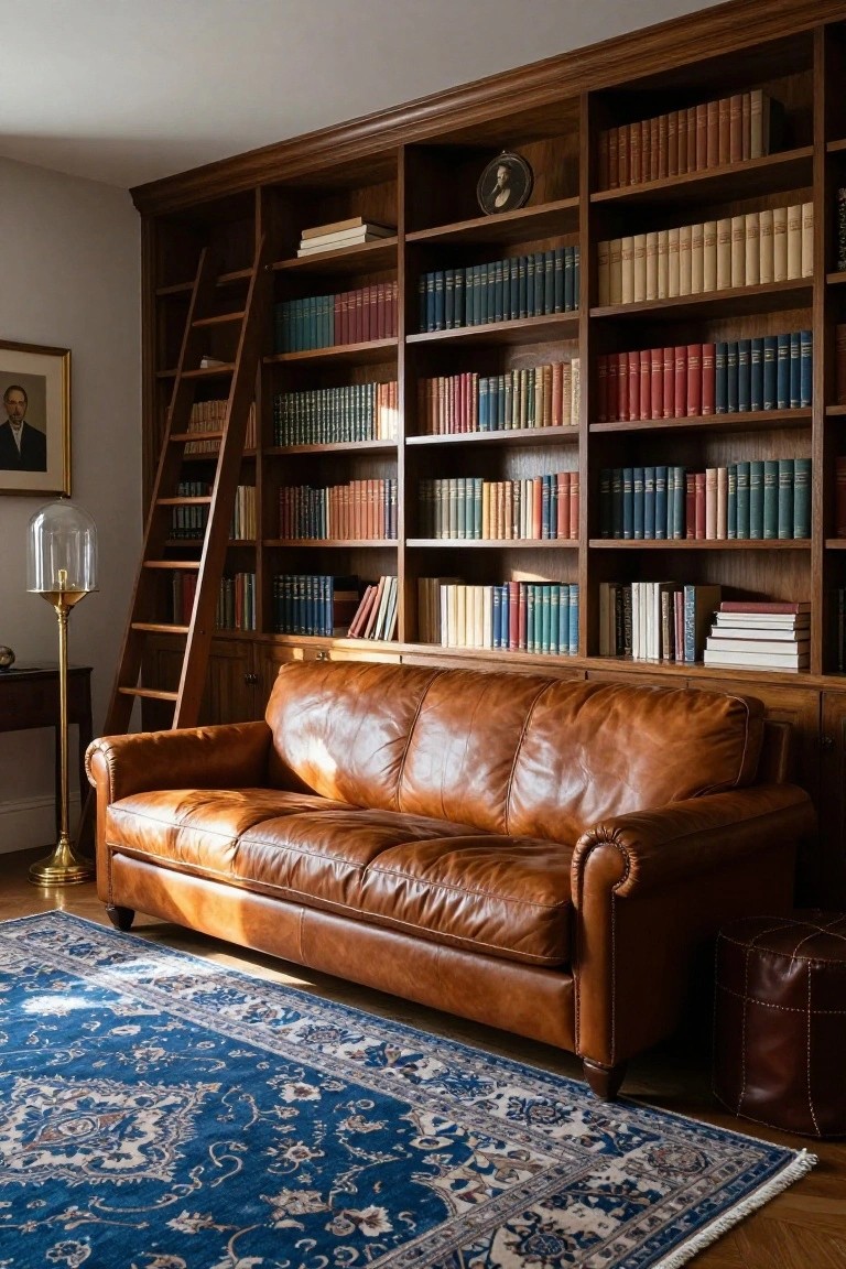 Tan tufted leather sofa in front of tall wooden bookshelves with rolling ladder, brass floor lamp, portrait painting, and blue patterned rug on wood floor in a library room.