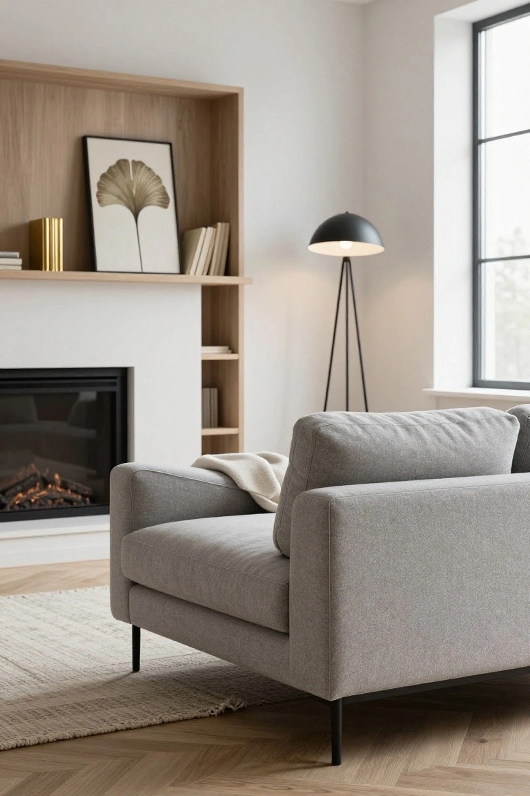 Gray fabric sofa with black metal legs and a white throw blanket positioned near a white fireplace and built-in oak shelving in a light wood-floored living room with a black tripod floor lamp.