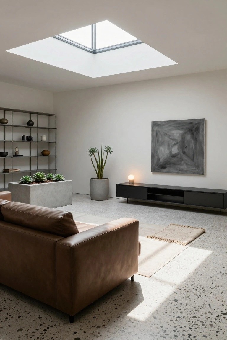 Modern minimalist living room with low-profile tan leather sofa, concrete succulent planter, tall potted plant, black media console with lamp, metal shelving unit, large abstract gray painting, white walls, terrazzo floor, and square skylight.