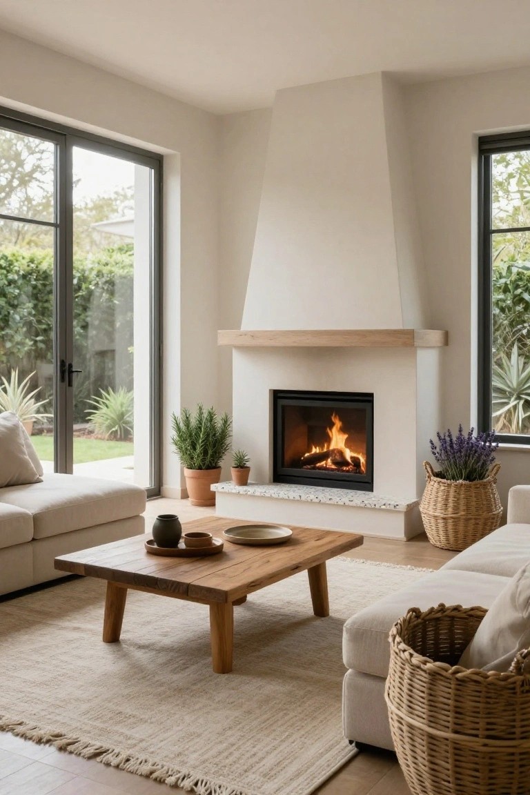 Modern living room featuring a large cream-colored sofa facing a white fireplace with fire burning, wooden coffee table, potted plants, wicker basket, and large windows overlooking a garden.