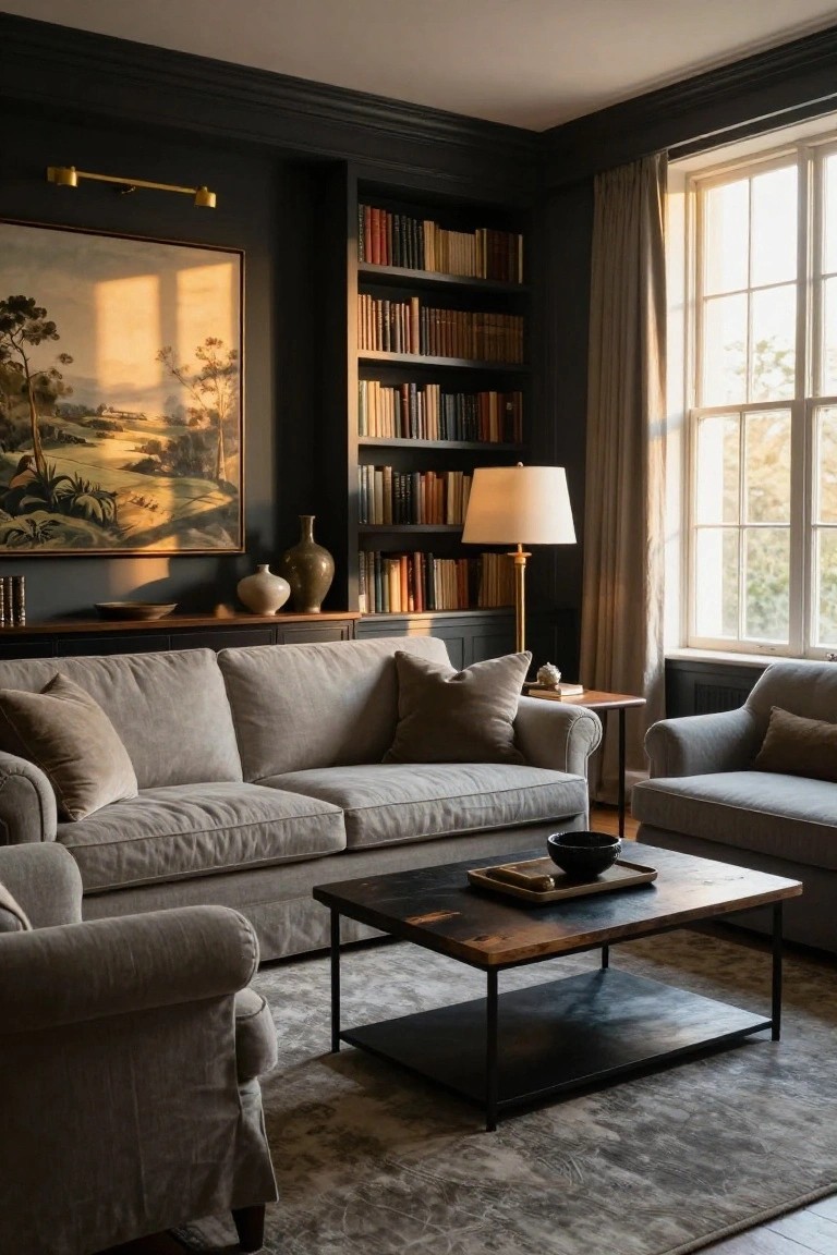 A living room with light gray slipcovered sofas and armchairs arranged around a black metal coffee table, dark built-in bookshelves, and tall windows with beige curtains.