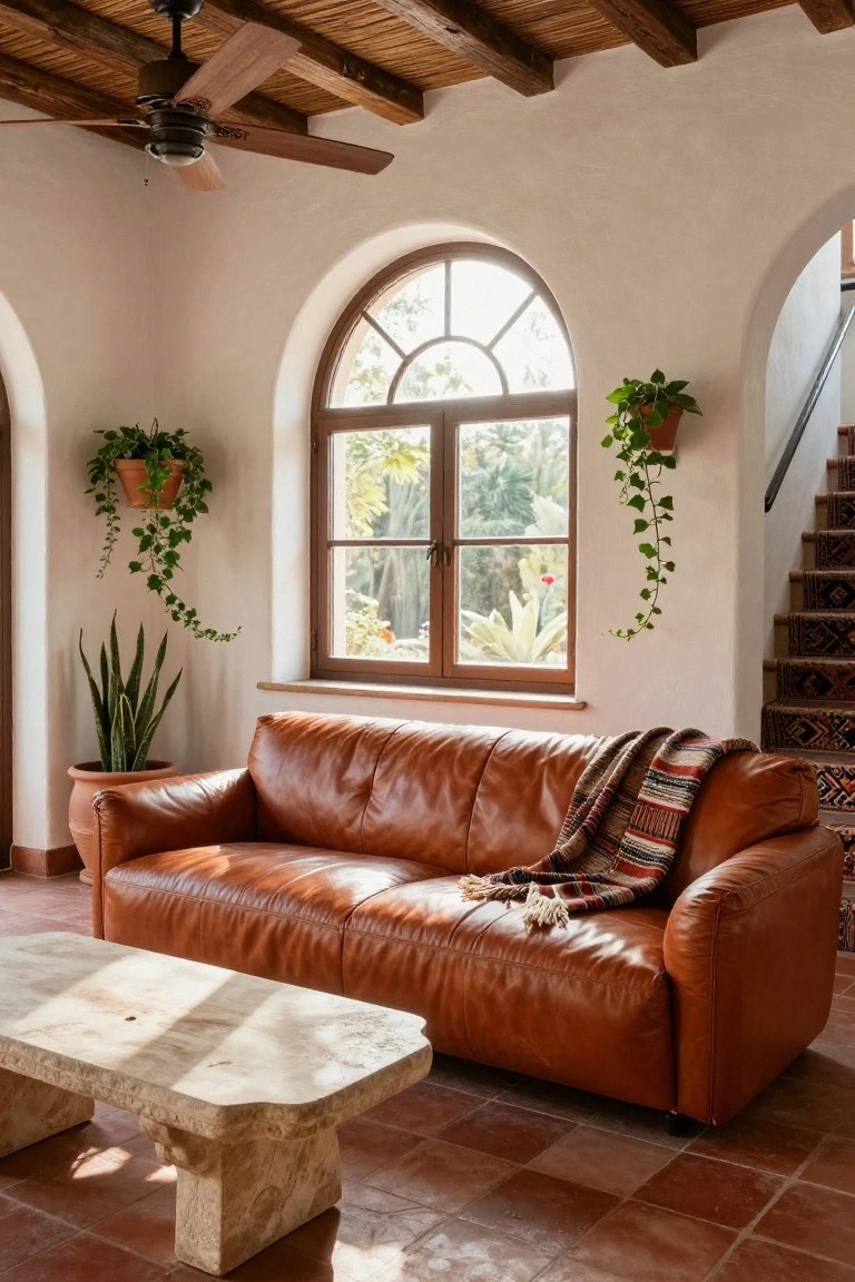 Tan leather sofa with a multicolored woven throw blanket on a terracotta tile floor next to a stone coffee table, in a white stucco room with arched windows, hanging ivy plants, a potted snake plant, and wooden ceiling beams.