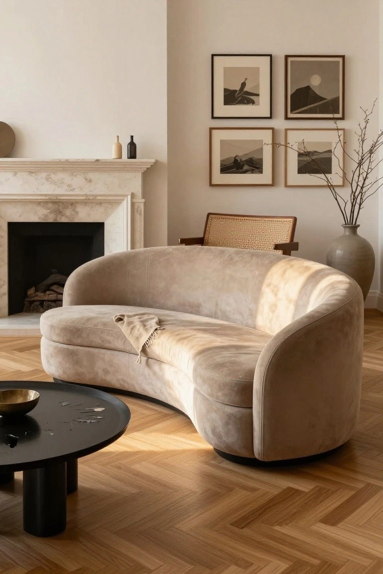 Beige curved upholstered sofa in a sunlit living room with marble fireplace, black round table with brass bowl, rattan armchair, large vase, framed black-and-white artwork, and parquet wood floors.
