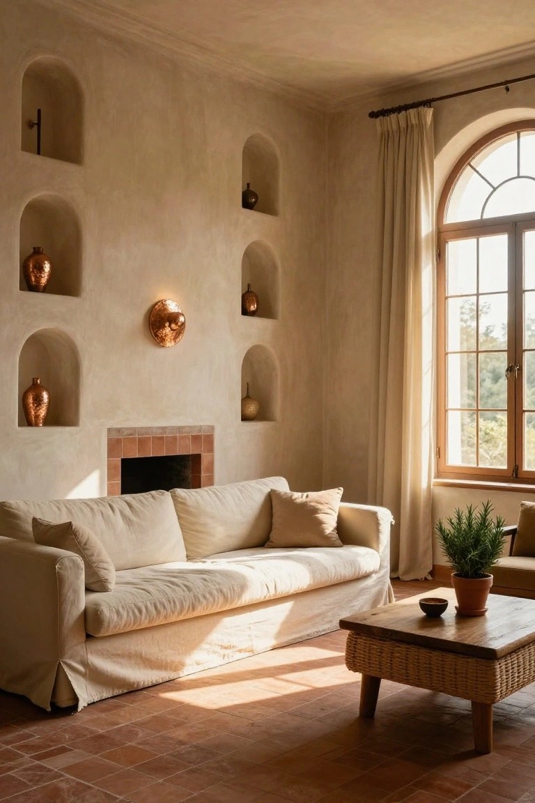 Living room with light beige plaster walls featuring several arched niches displaying copper and ceramic pots, a terracotta brick fireplace, white linen sofa, wooden coffee table with rattan base, potted plant, and tall arched window with cream curtains.