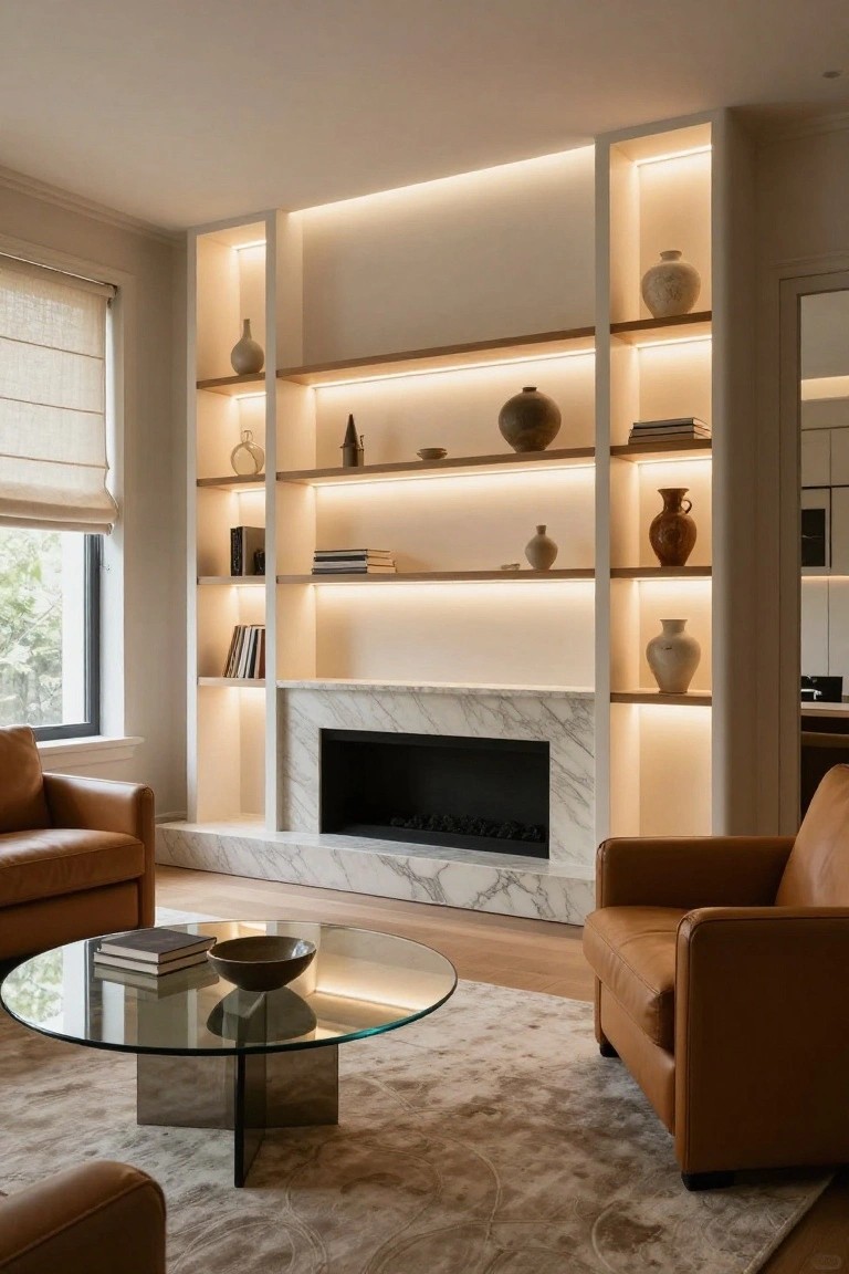 A living room with floor-to-ceiling white-framed bookshelves featuring oak shelves, integrated LED edge lighting, a central black marble fireplace, tan leather armchairs, glass coffee table, and light wood flooring.