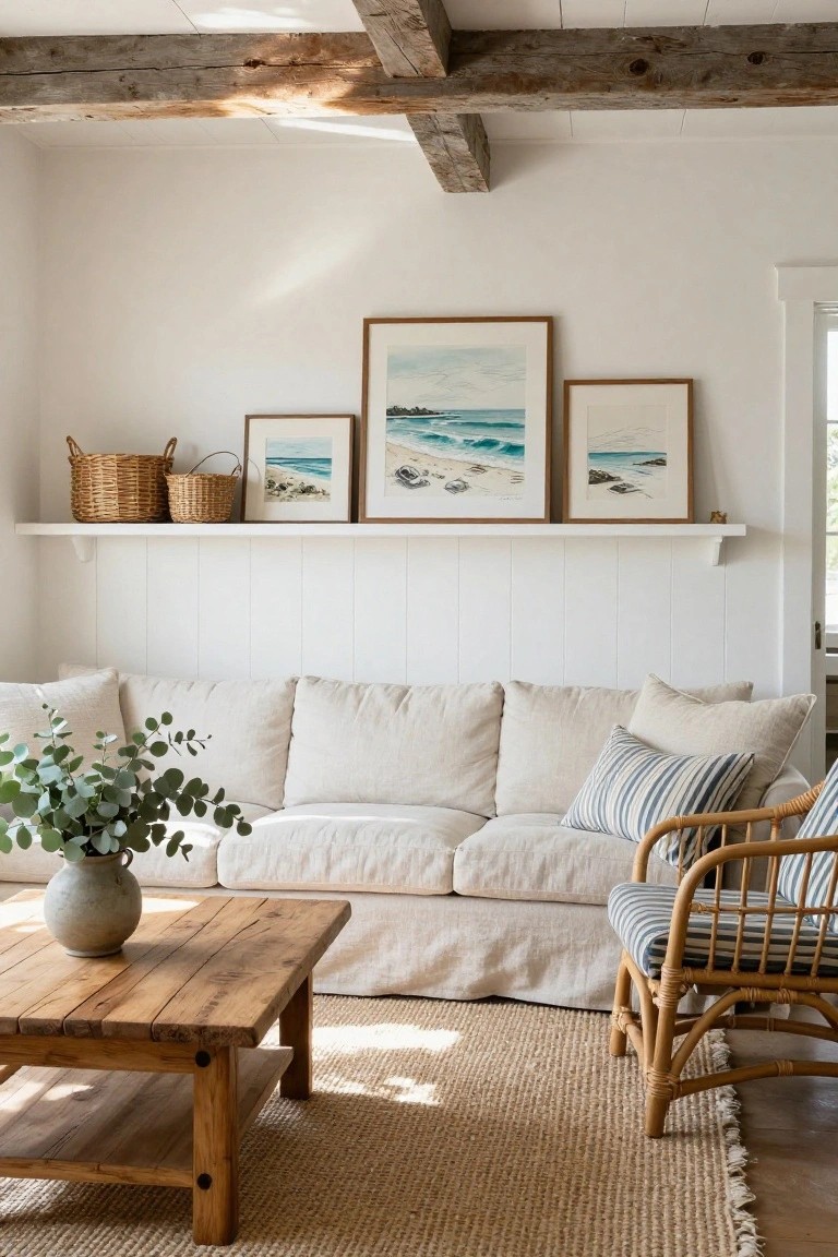 Sunlit living room with white vertical board-and-batten wall paneling, exposed wooden ceiling beams, beige linen sofa with striped pillows, rattan armchair, wooden coffee table holding eucalyptus in a vase, seagrass rug, and framed ocean artwork on floating shelves.