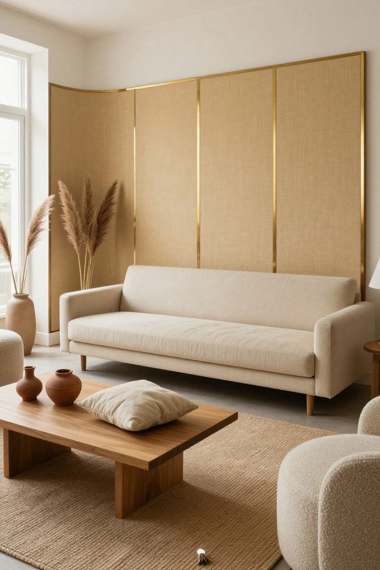 Beige living room with cream sofa, wooden coffee table, terracotta vases, pampas grass in corner, and tall multi-panel beige screen framed in slim brass bars against one wall near window.