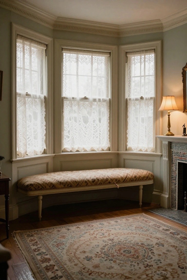 Pale green living room corner with three bay windows draped in white lace curtains, a cushioned striped bench seat below, brass lamp on mantel above tiled fireplace, framed artwork, small table with plant, patterned rug on wood floor, and detailed white crown molding on walls and ceiling.