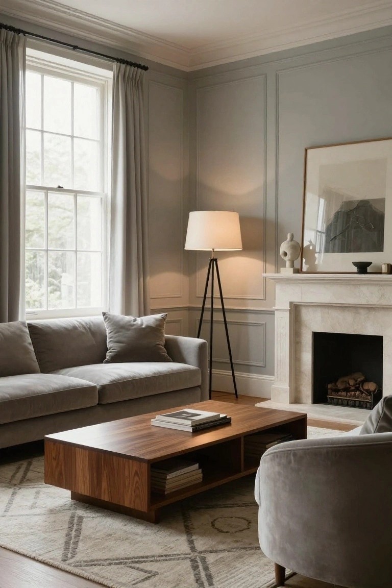 Light gray living room walls with raised panel molding, marble fireplace, gray sofa, wooden coffee table, velvet armchair, tripod floor lamp, and large window with sheer curtains.